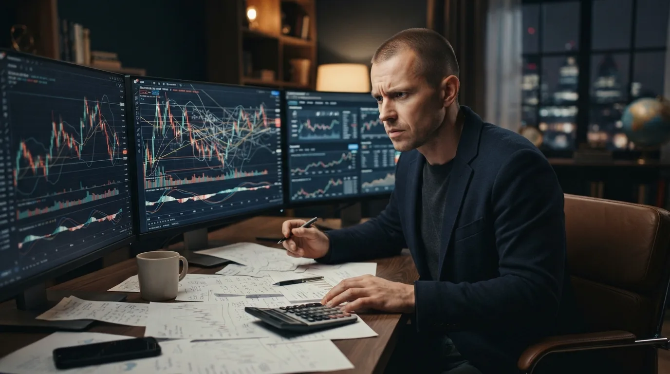 Investor reviewing financial information and market charts